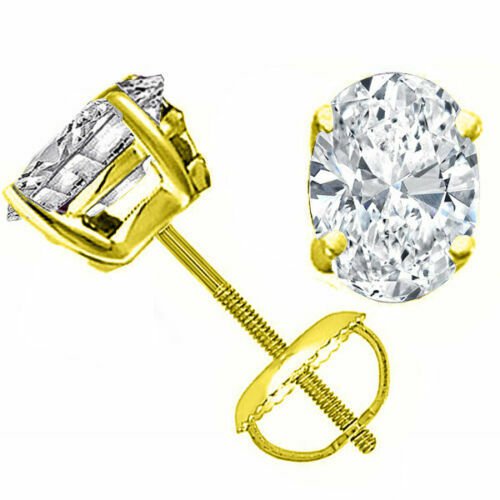 14K Yellow Gold  3 CARAT Oval Cut Simulated Diamond Screw Back Stud Earrings