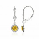 14K White Gold 1.25 CTW Round Halo Citrine Drop Dangle Lever Back Earrings