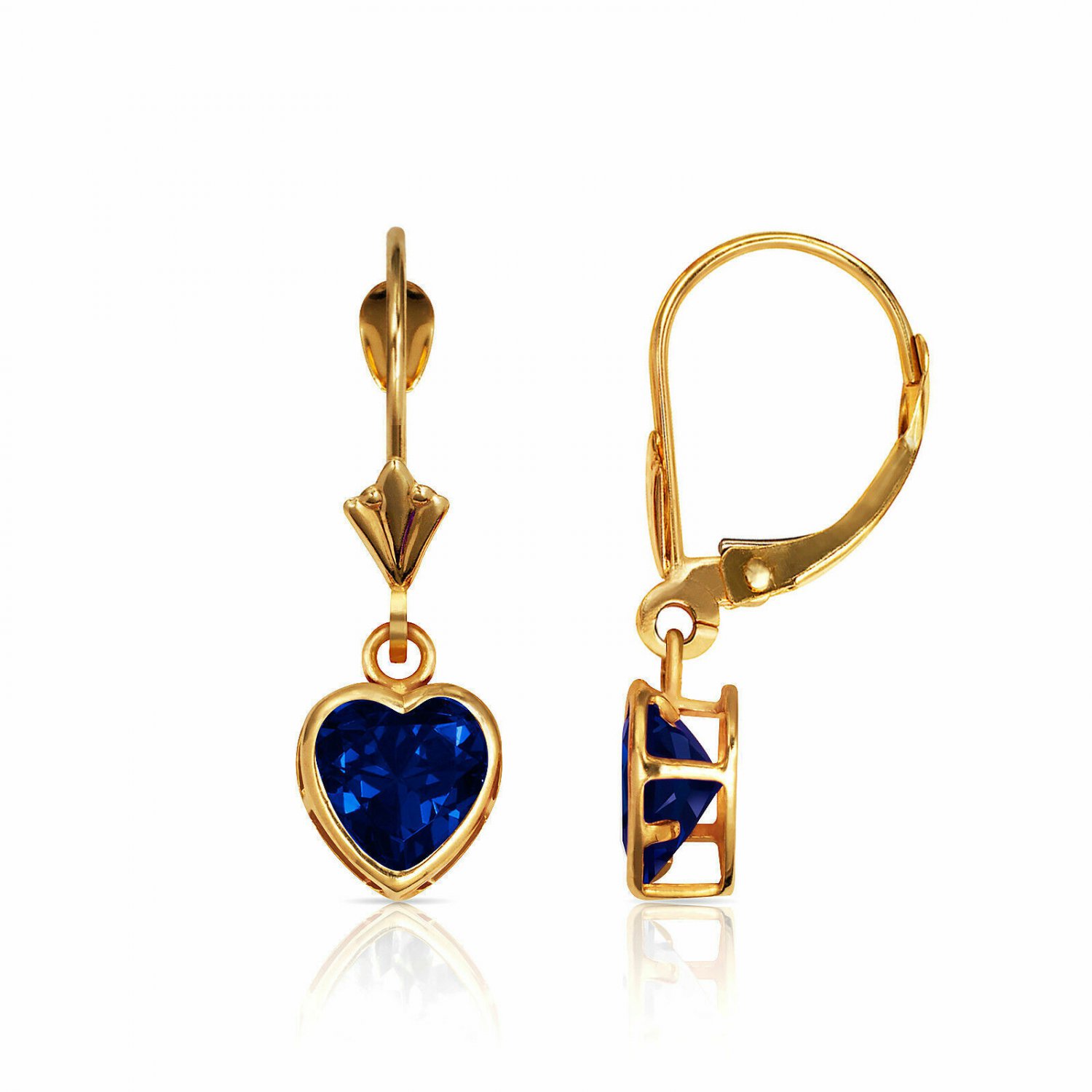 14K Yellow Gold Bezel Set Sapphire 6mm Heart Lever Back Dangle Earrings