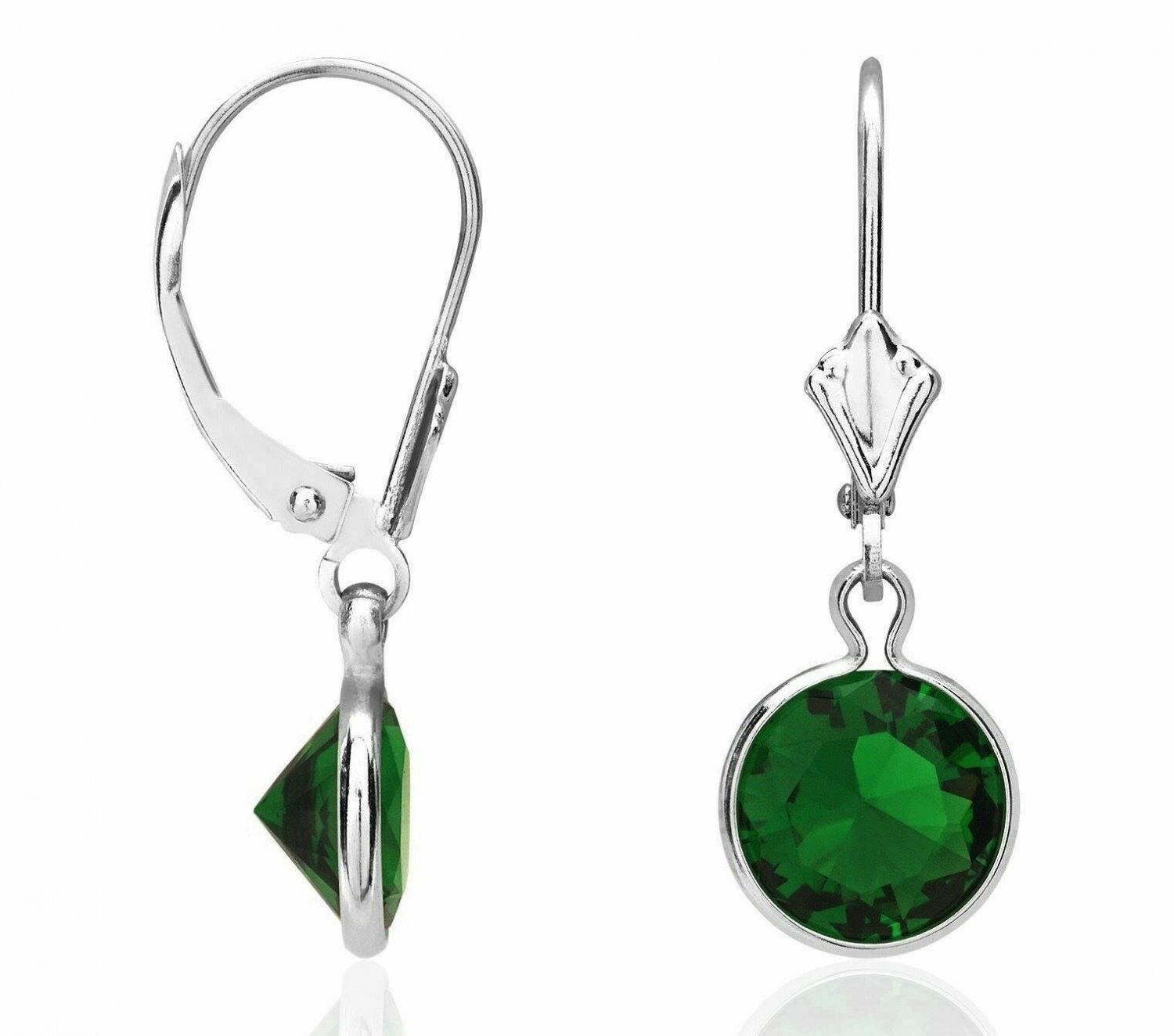 14K White Gold 1" Bezel Set Round Emerald Dangle Drop Lever Back Earrings