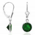 14K White Gold 1" Bezel Set Round Emerald Dangle Drop Lever Back Earrings