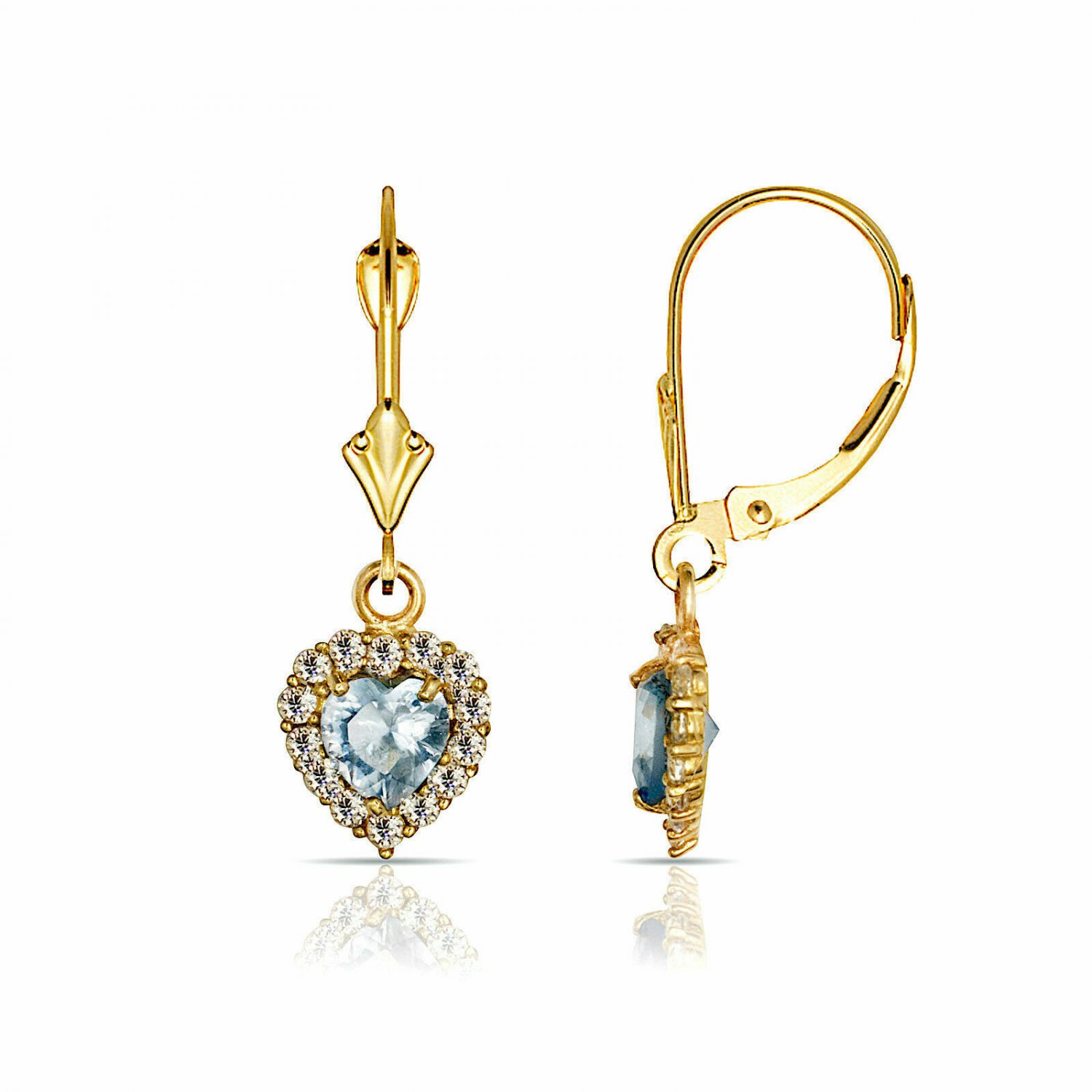 14K Yellow Gold White Sapphire Halo Aquamarine Heart Dangle Lever Back Earrings