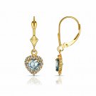 14K Yellow Gold White Sapphire Halo Aquamarine Heart Dangle Lever Back Earrings