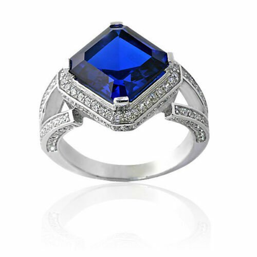 14K White Gold  5.46 CT Women's Unique Plated Asscher Cut Blue Sapphire Ring