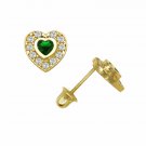 14K Yellow Gold Emerald Halo CZ Heart Shape Child Screw Back Stud Earrings