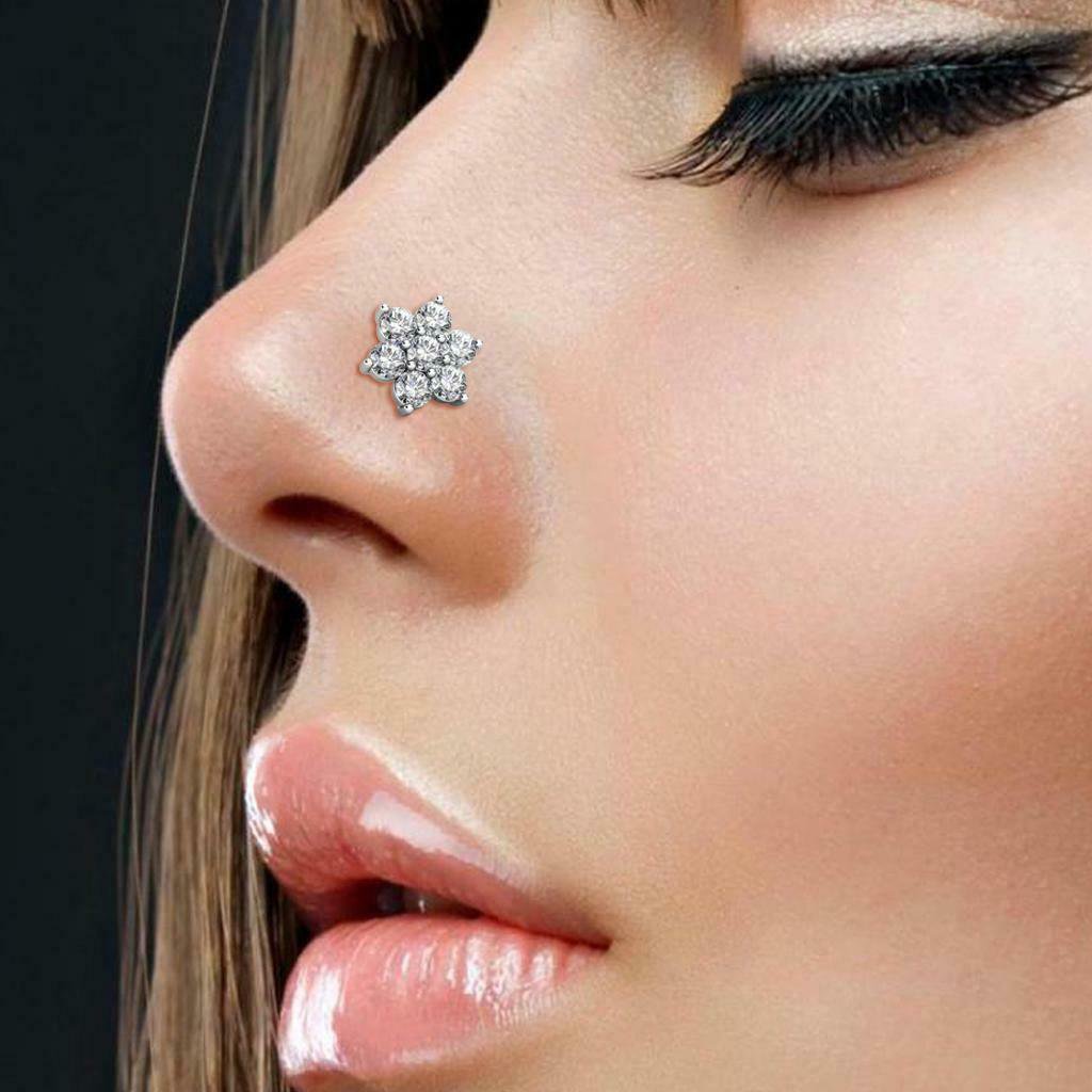 14K Solid White Gold 0.30 CT Simulated Diamond Flower Nose Bone Stud