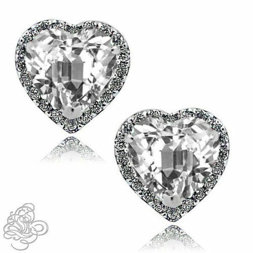 14K W GOLD PLATED OVER SILVER 1.89 CT HALO HEART WHITE SAPPHIRE STUD EARRINGS
