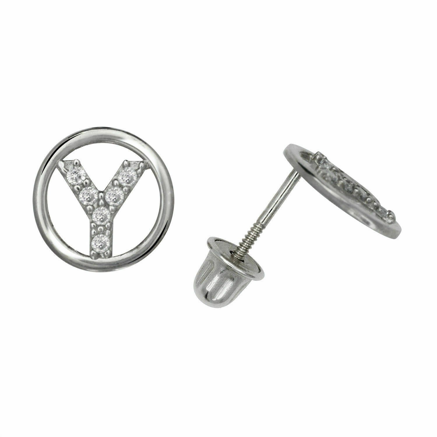 14K White Gold Letter "Y" Initial Round Child  Screw Back Stud Earrings