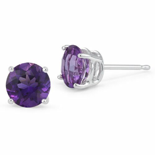 2.00 CARAT 6mm 14K WHITE GOLD AMETHYST ROUND SHAPE STUD EARRINGS PUSH B