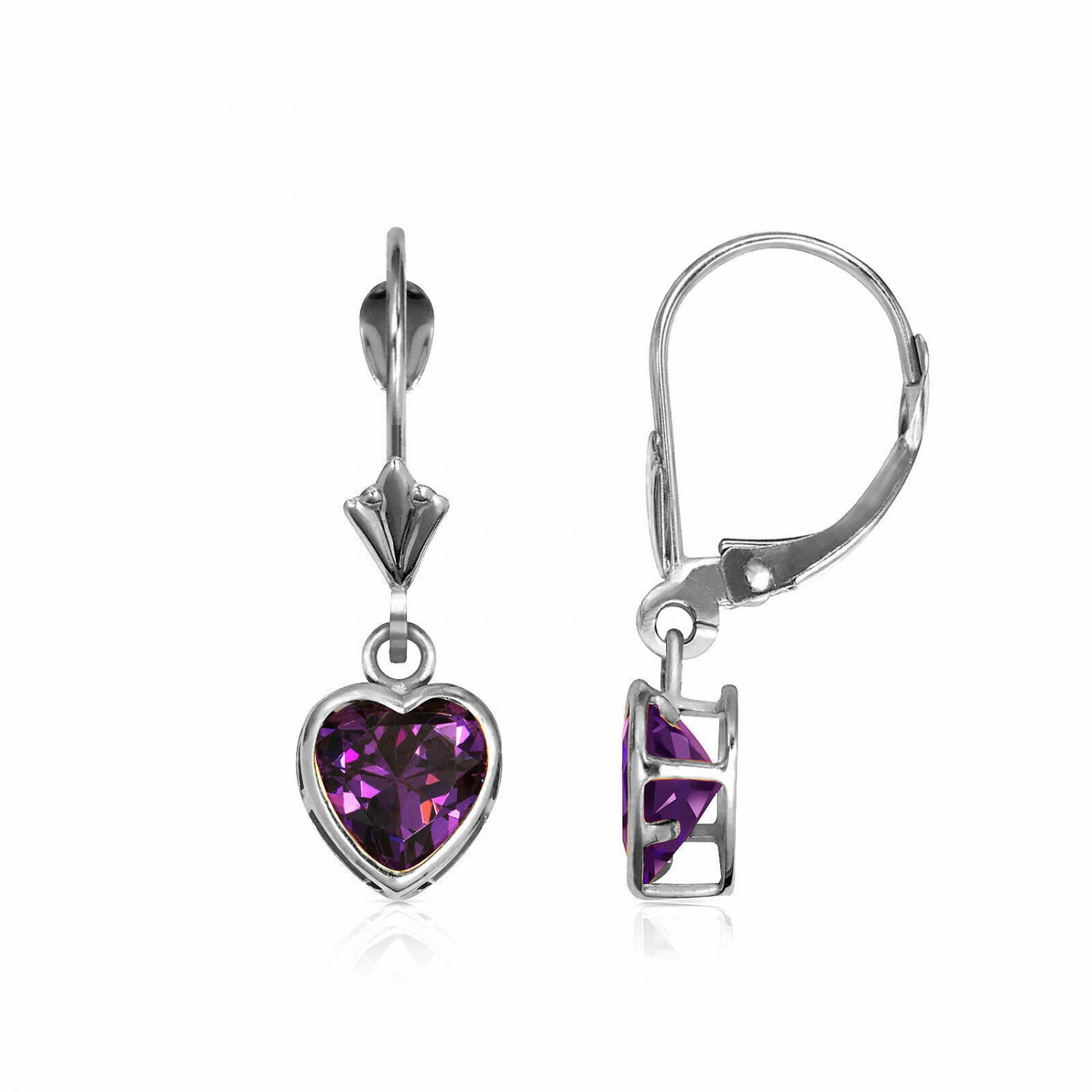 14K Solid White Gold 6MM Bezel Set Amethyst  Heart Lever Back Dangle Earrings