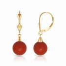 14K Solid Yellow Gold 8MM Ball Shaped Red Coral Lever Back Dangle Earrings