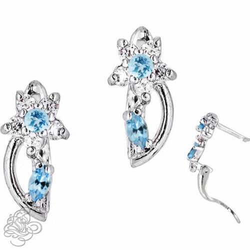 14K White Gold Ladies Stylish MARCH Birthstone Flower Huggie Earrings