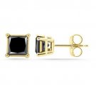 2.00 CARAT 14K SOLID YELLOW GOLD PRINCESS BLACK SAPPHIRE STUD EARRINGS