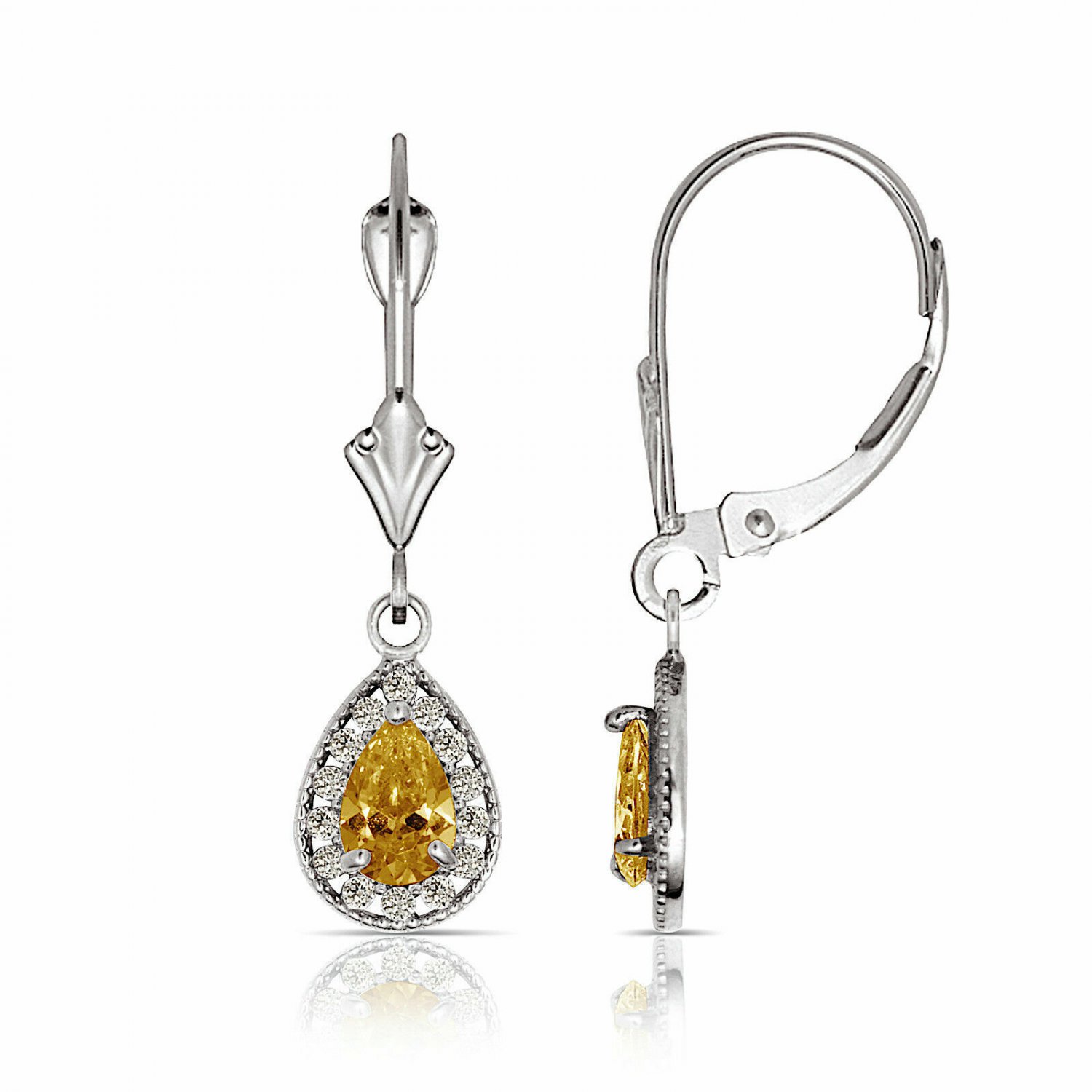 14K White Gold  1.65 CTW Halo Citrine Pear Tear Drop Dangle Leverback Earrings