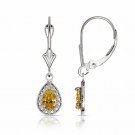 14K White Gold  1.65 CTW Halo Citrine Pear Tear Drop Dangle Leverback Earrings