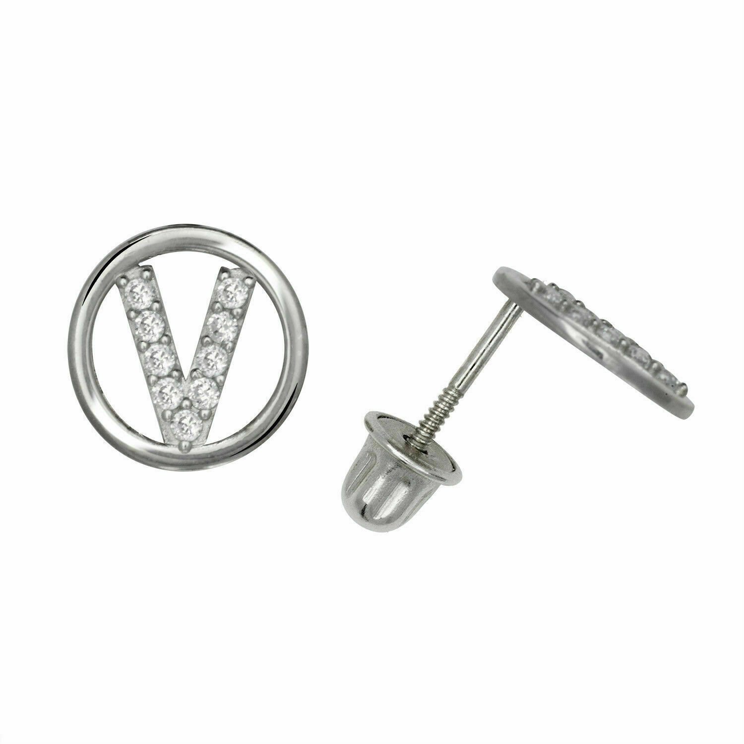 14K White Gold Letter "V" Initial Round Child Screw Back  Stud Earrings