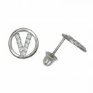 14K White Gold Letter "V" Initial Round Child Screw Back  Stud Earrings