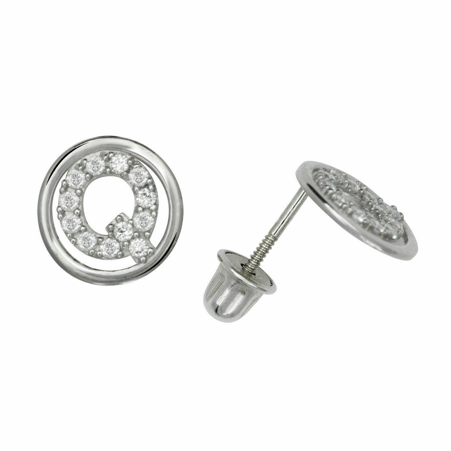 14K White Gold Letter "Q" Initial Round Child Screw Back Stud Earrings