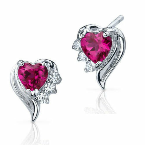 1.49 CARAT STERLING SILVER 925 RED  RUBY HEART STUD EARRINGS