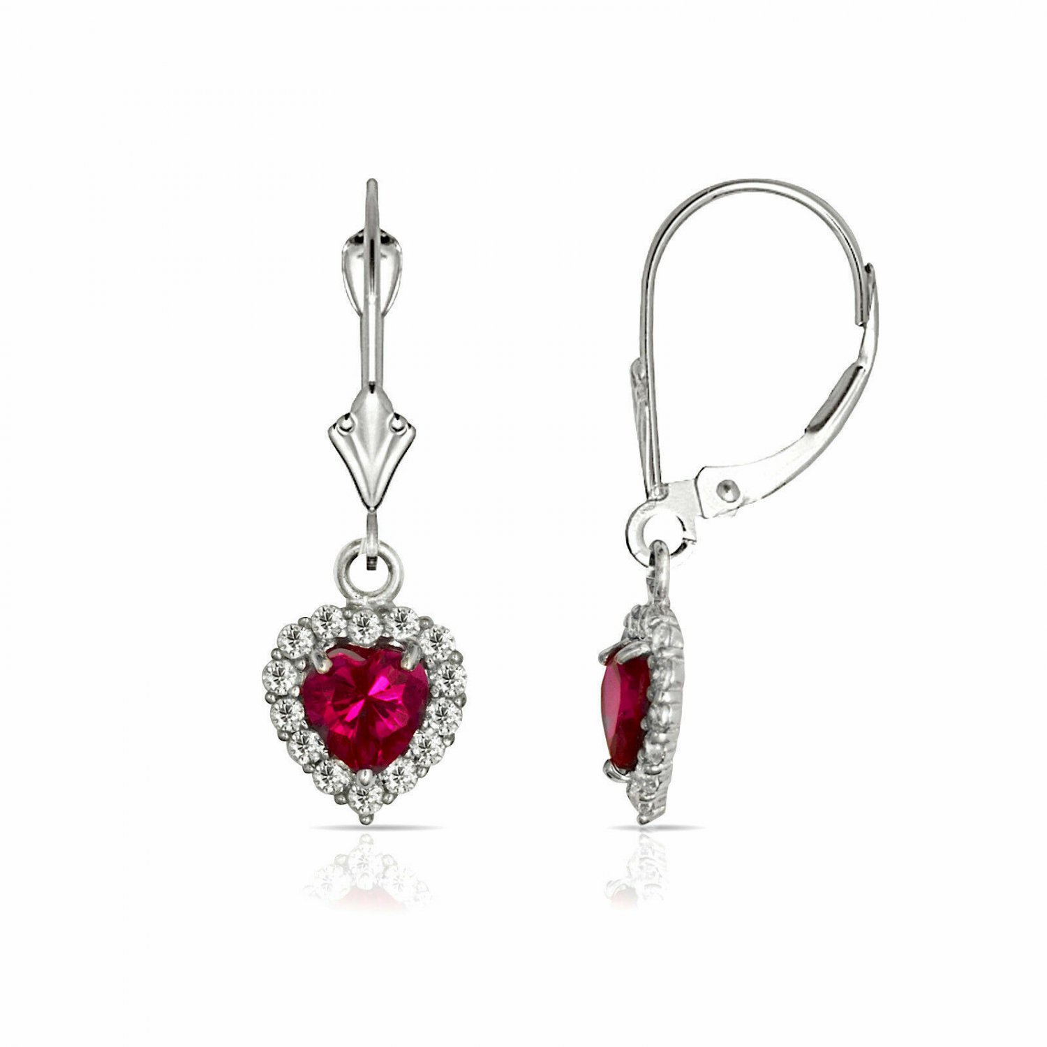 14K White Gold White Sapphire Halo & Ruby Heart Dangle Lever Back Earrings