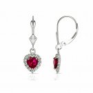 14K White Gold White Sapphire Halo & Ruby Heart Dangle Lever Back Earrings