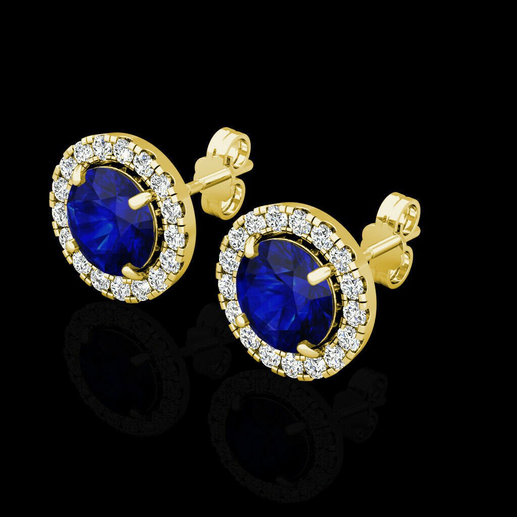 14k Yellow Gold 2.00CT Halo Created Sapphire Blue Diamond Stud Round Earrings