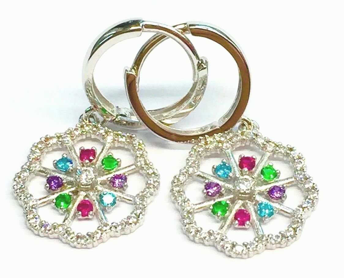 14K White Gold Huggis Multi Color Gem Hoop  Dangle Earrings