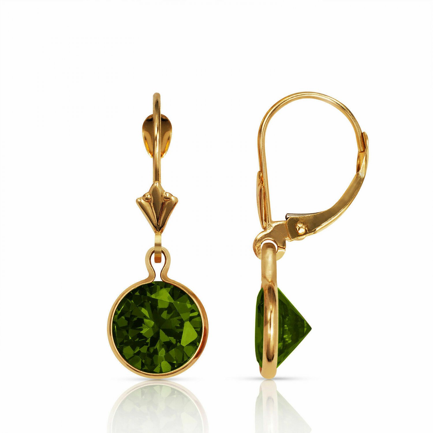 14K Yellow Gold  Emerald Bezel Set Round Shaped Lever Back Dangle Earrings