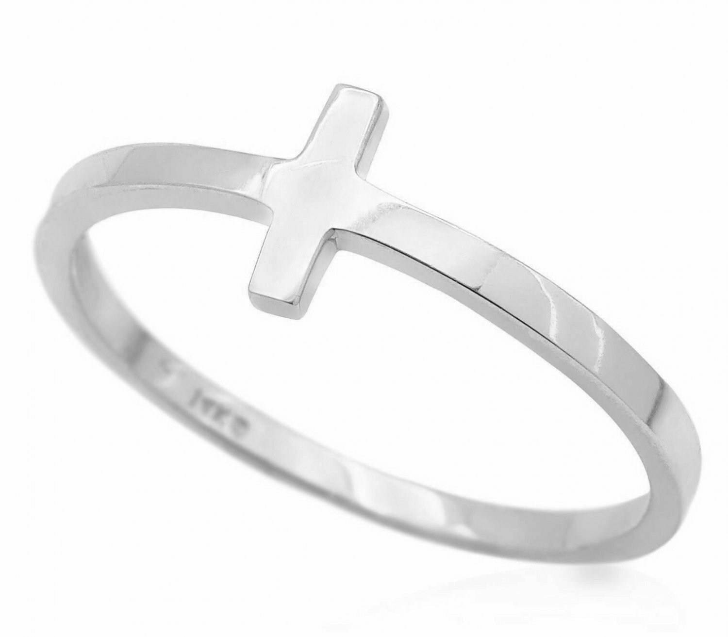 14K Solid White Gold Polished Sideways Cross Design Ring Size 5 To 8