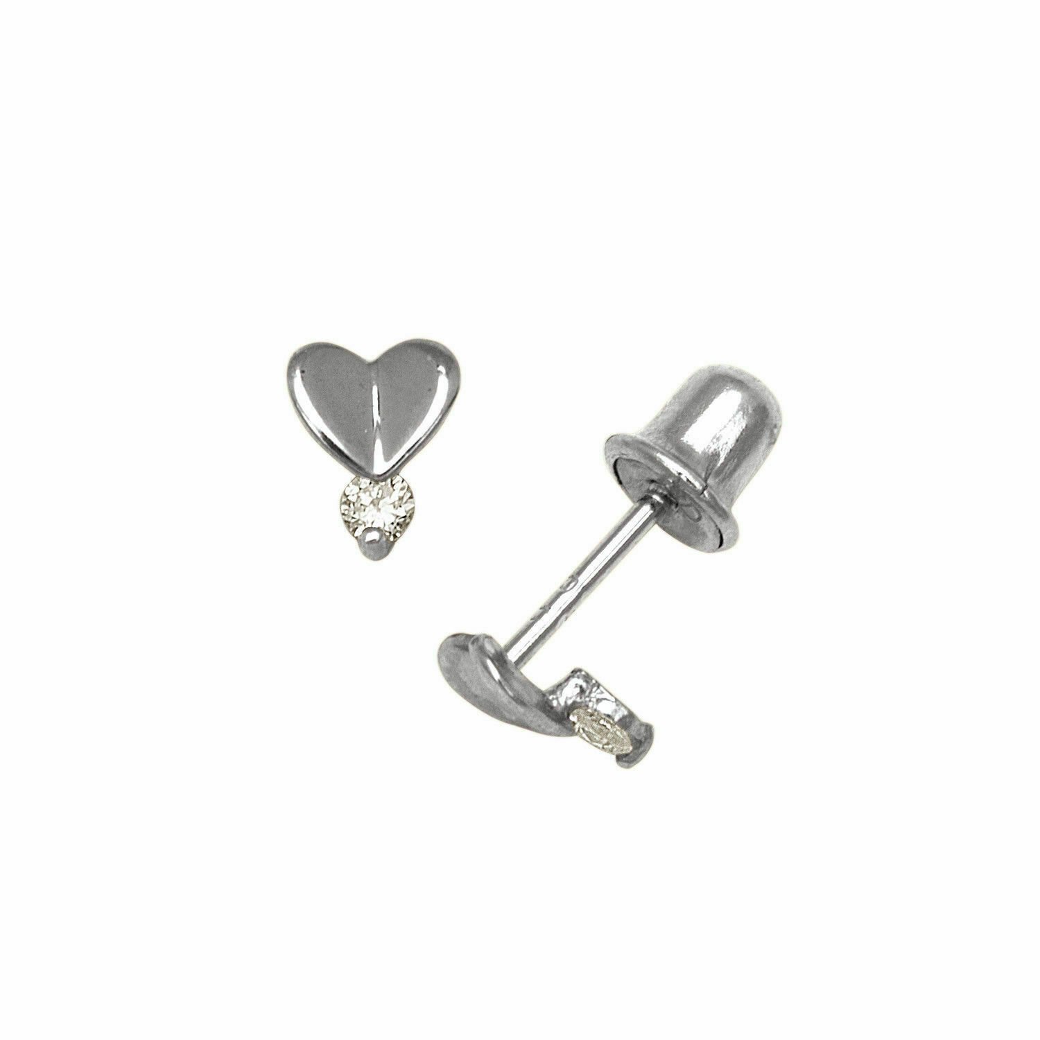 14K Solid White Gold Children Baby Girl Heart Screw Back Stud Earrings