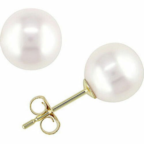 14K YELLOW GOLD 9MM ROUND WHITE PEARL  PUSH BACK STUD EARRINGS