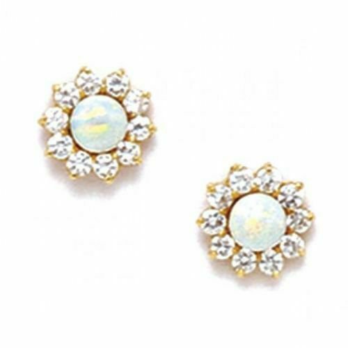 14K Yellow Gold Opal/White Sapphire Screw Back Stud  Earrings
