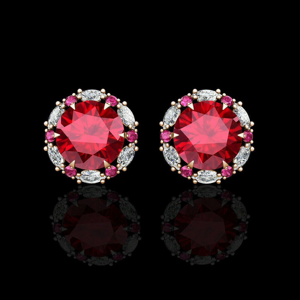 14k Rose Gold 2.00CT Red Ruby Halo Marquise Created Diamond Stud Earrings
