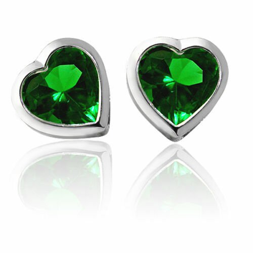 14K WHITE GOLD 4MM BABY-CHILD-ADULT HEART GREEN EMERALD SCREW BACK EARRINGS