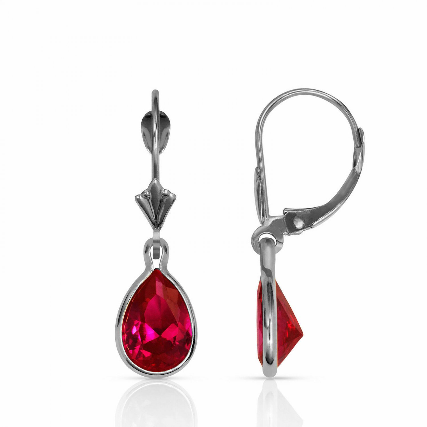 14K White Gold  2.00CT Bezel Set Pear Shaped Ruby Lever Back Dangle Earrings