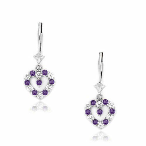14K White Gold Ladies FEBRUARY Birthstone Heart Shape Lever Back Drop Earrings