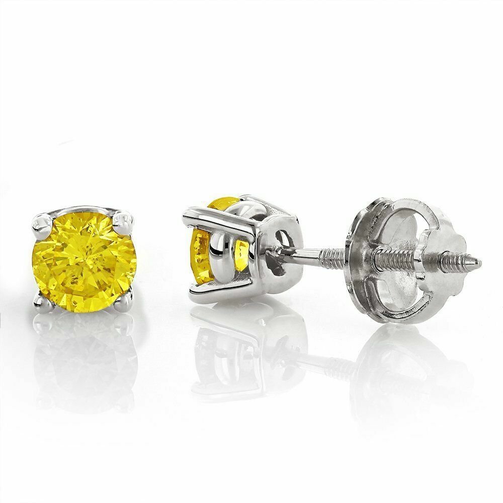 14K White Gold 2CT Round Canary Yellow Solid  Stud Screw Back Earrings