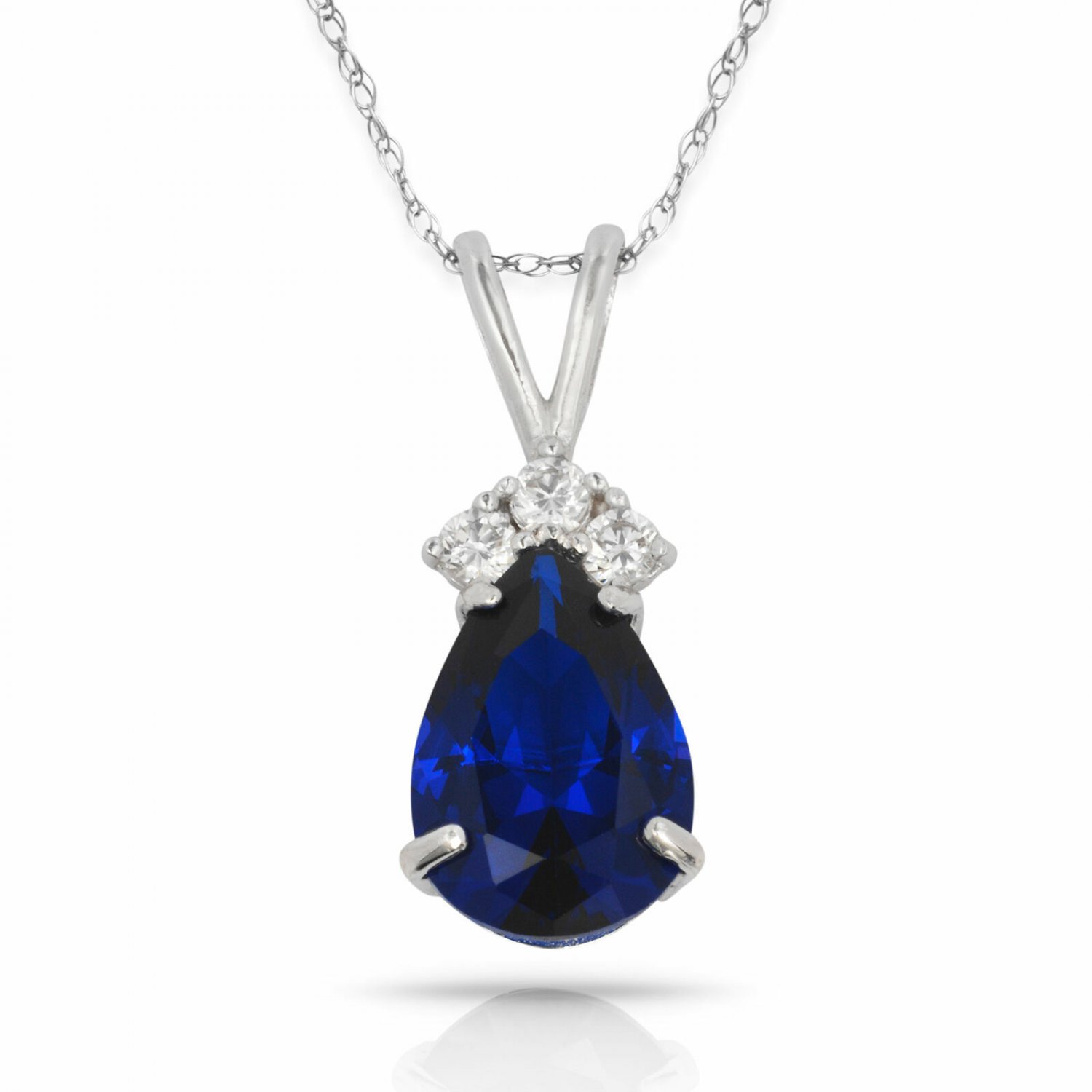 14K W Gold 3.70 CT Blue Sapphire Pear Shape 4 Stone Gemstone Pendant & Necklace