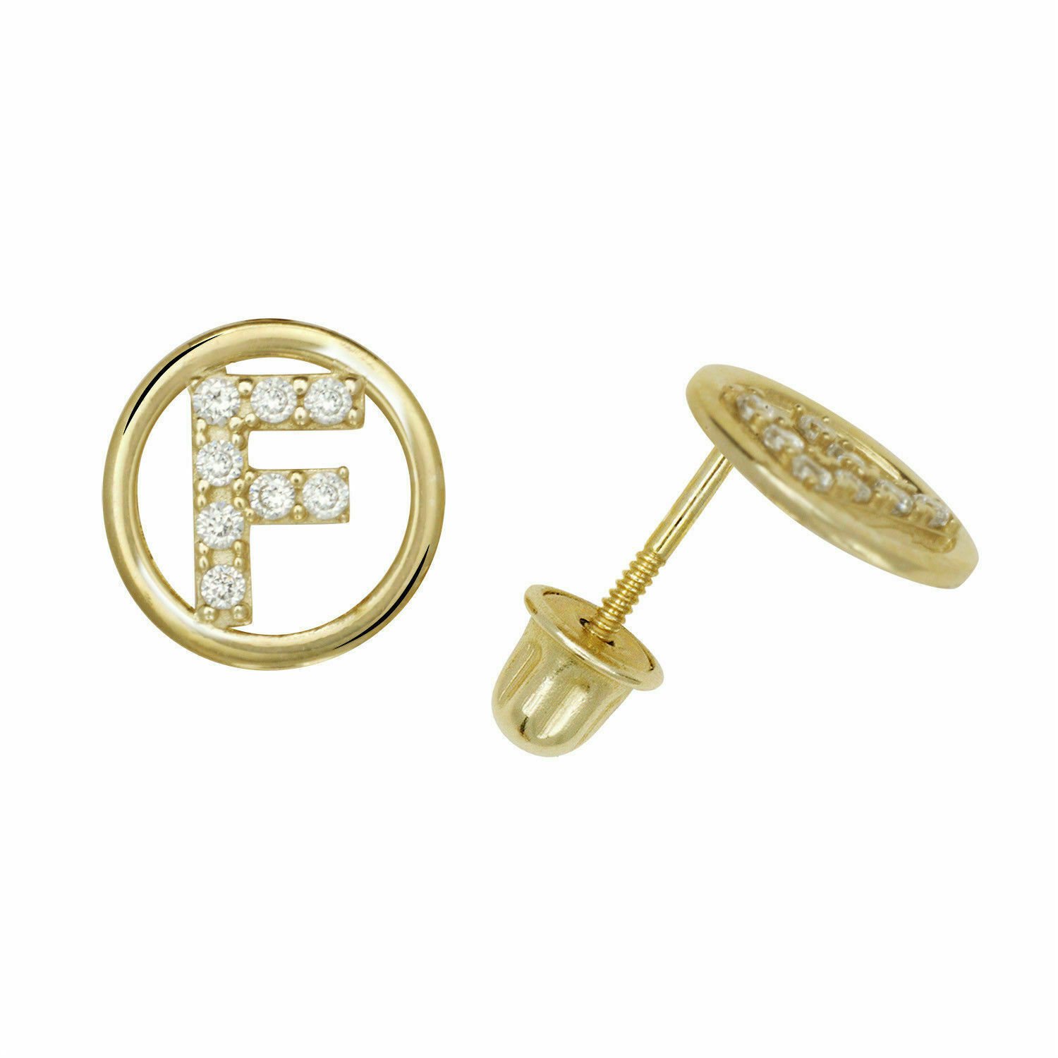 14K Yellow Gold Letter "F" Initial Round Child  Screw Back Stud Earrings