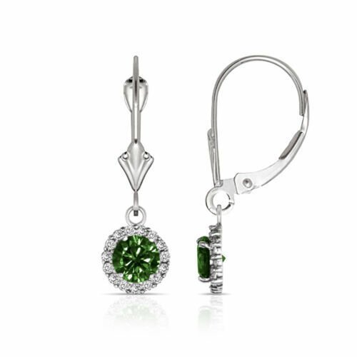 14K White Gold 1.25 CT Round Halo Emerald Drop Dangle Lever Back Earrings