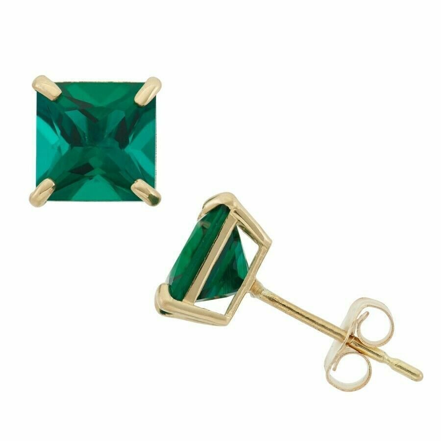 14K SOLID YELLOW GOLD 1.00 CARAT 4MM PRINCESS CUT EMERALD STUD EARRINGS