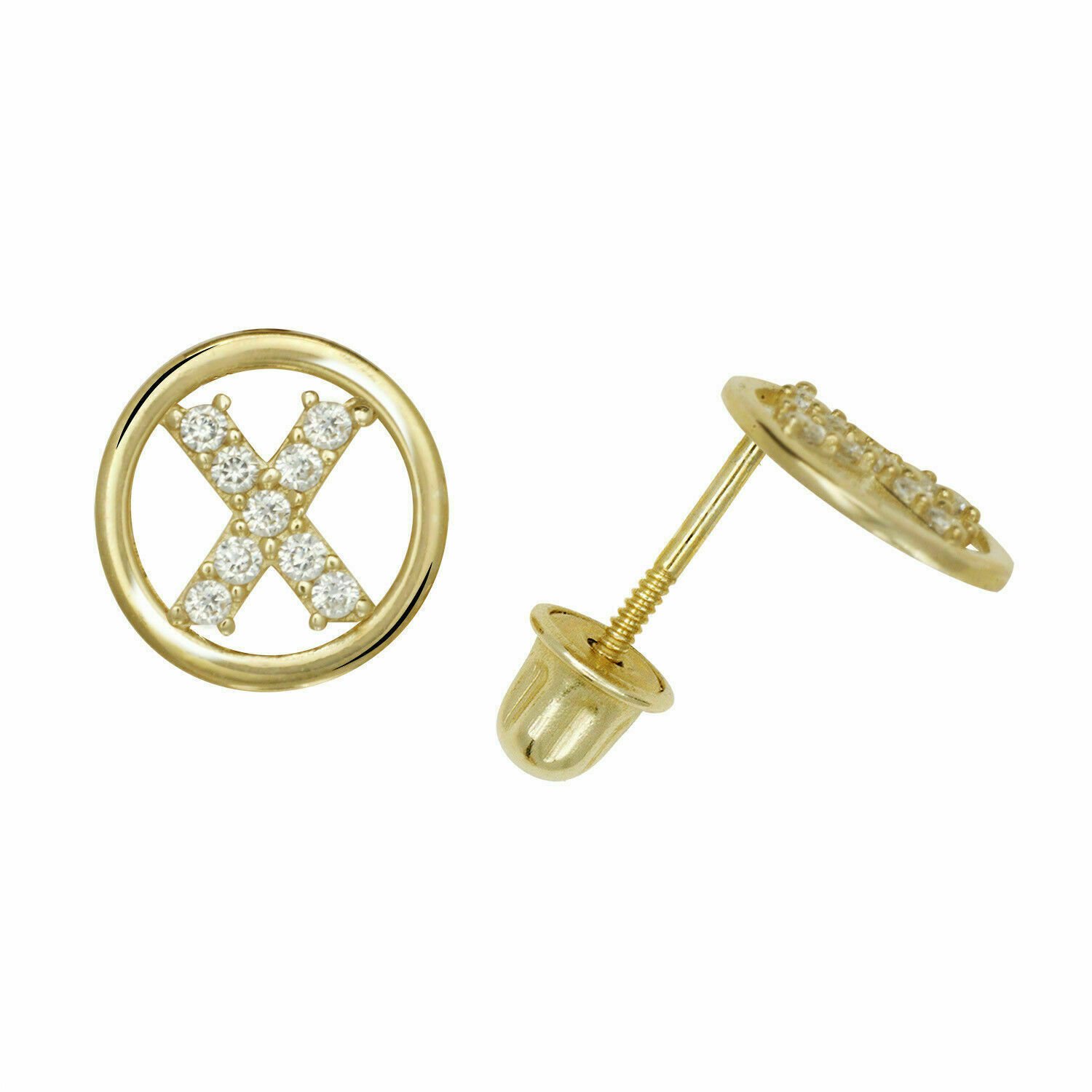 14K Yellow Gold Letter "X" Initial Round Child  Screw Back Stud Earrings