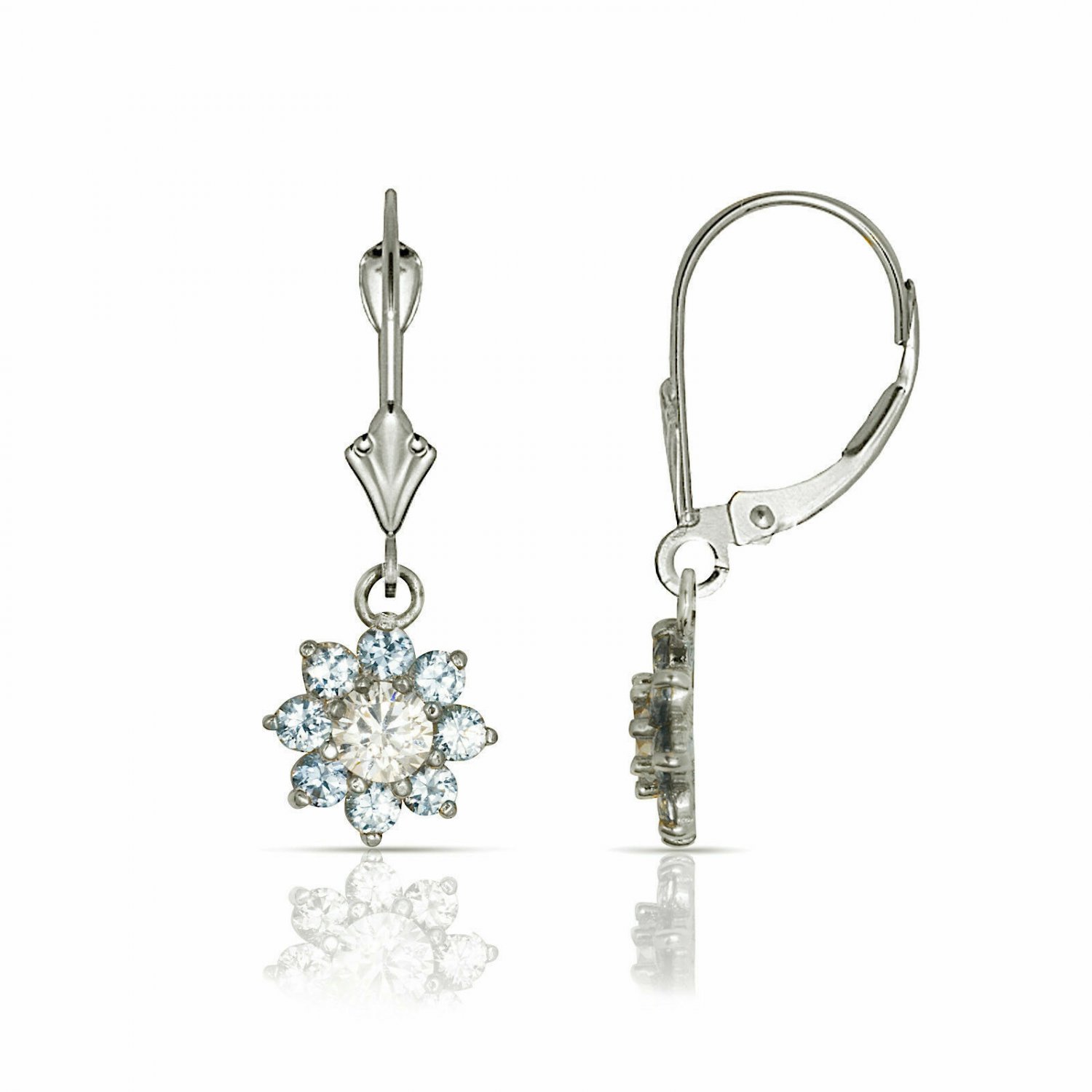 14K Gold 1CT White Sapphire& Aquamarine Flower Cluster Dangle LeverBack Earrings