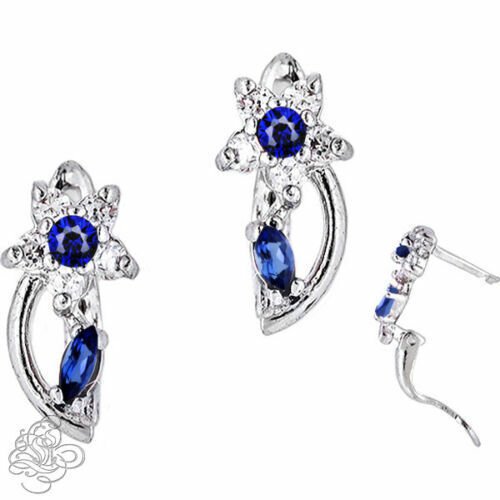 14K White Gold Ladies Stylish SEPTEMBER Birthstone Flower Huggie Earrings