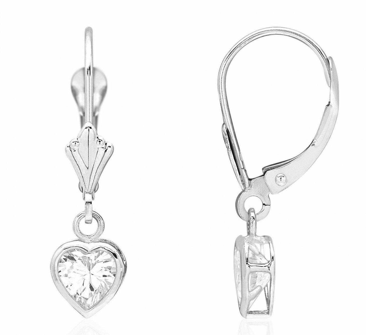 14K White Gold Bezel Set White Sapphire Heart Leverback Dangle Earrings 7MM