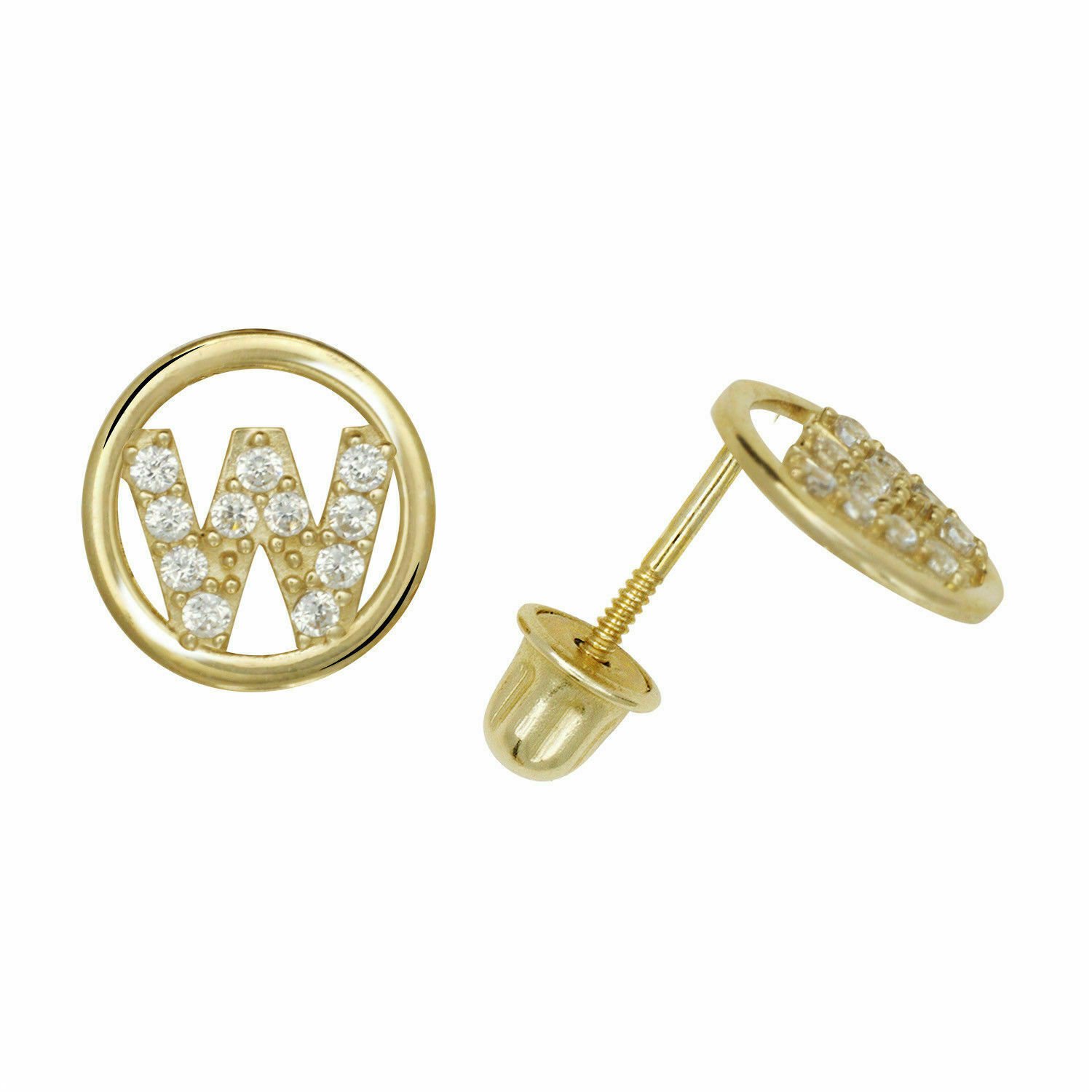 14K Yellow Gold Letter "W" Initial Round Child Stud Earrings Screw Back