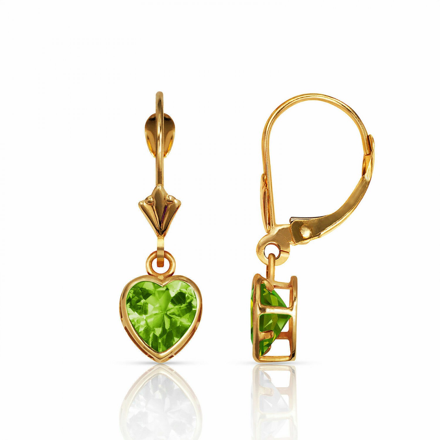 14K  Yellow Gold 6MM Bezel Set Peridot  Heart Lever Back Dangle Earrings