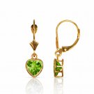 14K  Yellow Gold 6MM Bezel Set Peridot  Heart Lever Back Dangle Earrings