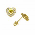 14K Yellow Gold Citrine Halo CZ Heart Shape Child  Screw Back Stud Earrings
