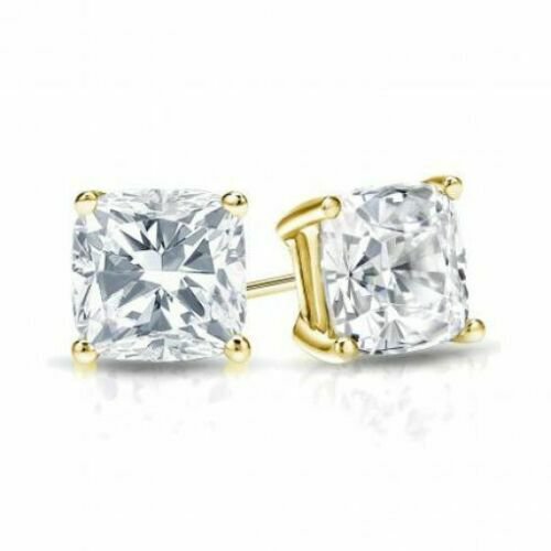14K Yellow Gold 2.50CT Cushion Cut Brilliant Screw Back Stud Earrings